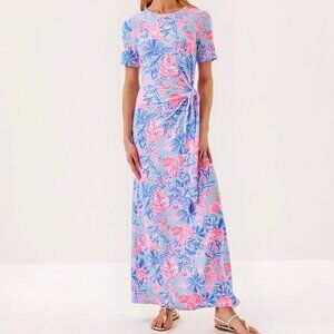 Lilly Pulitzer knit tshirt dress maxi blue pink, size S